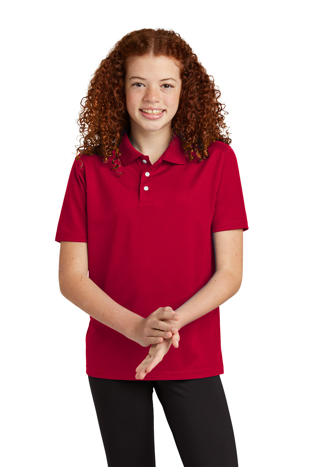 Sport-Tek YST740 youth UV performance school polo in Deep Red – model front view