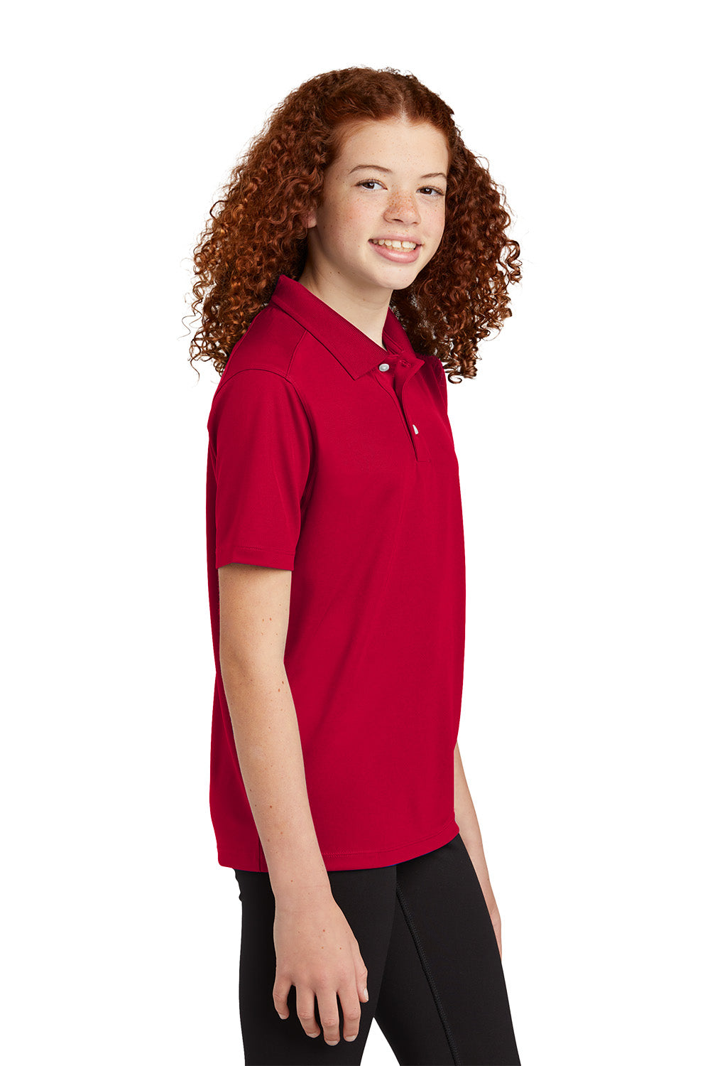 Sport-Tek YST740 youth UV performance school polo in Deep Red – model side view