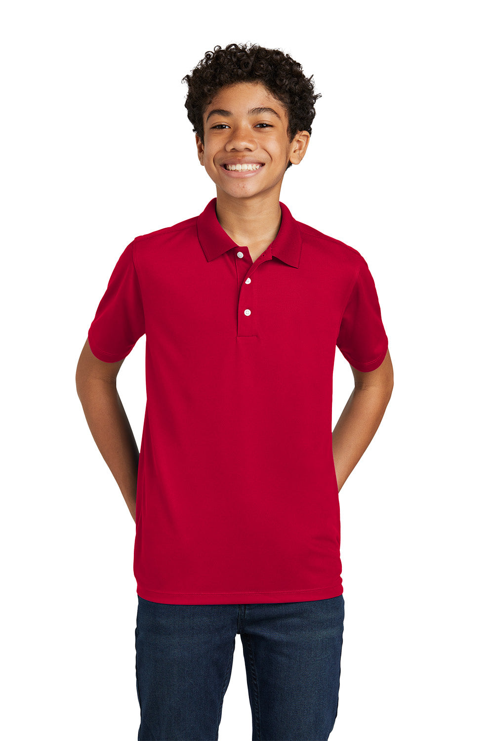 Sport-Tek YST740 youth UV performance school polo in Deep Red – alternate model front view