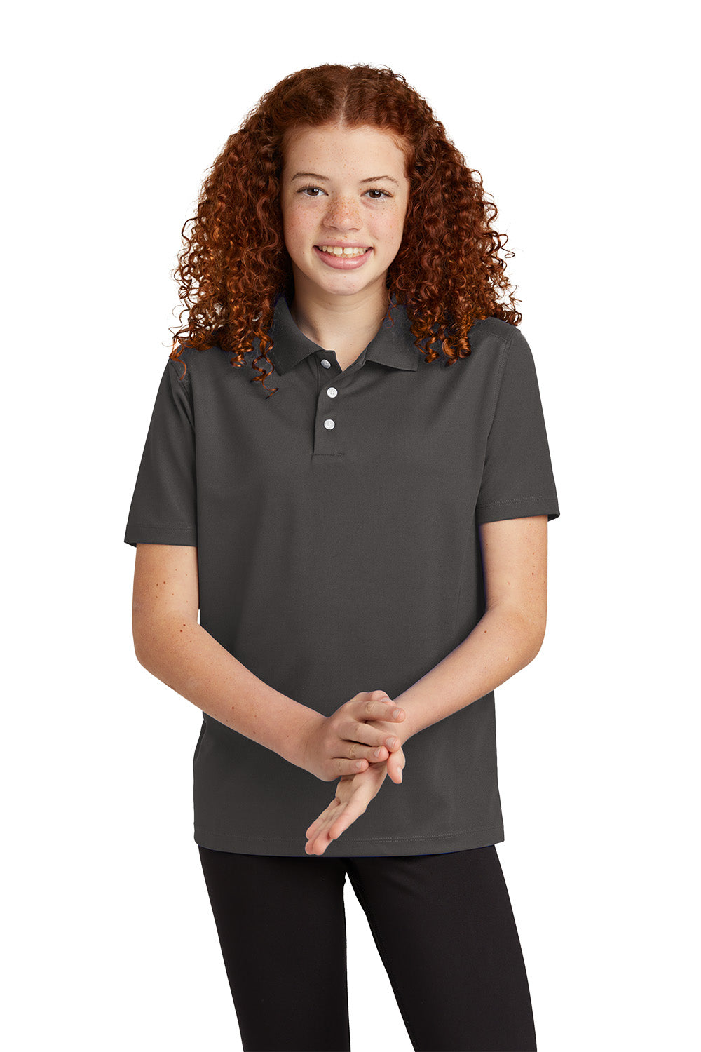 Sport-Tek YST740 youth UV performance school polo in Graphite – model front view