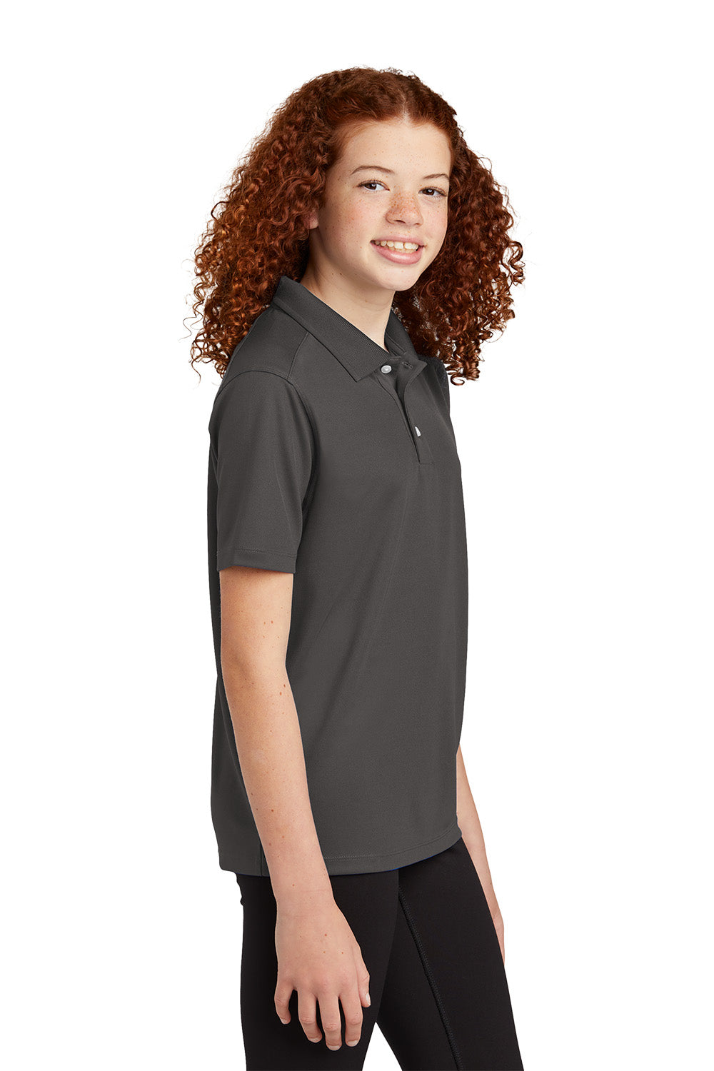 Sport-Tek YST740 youth UV performance school polo in Graphite – model side view