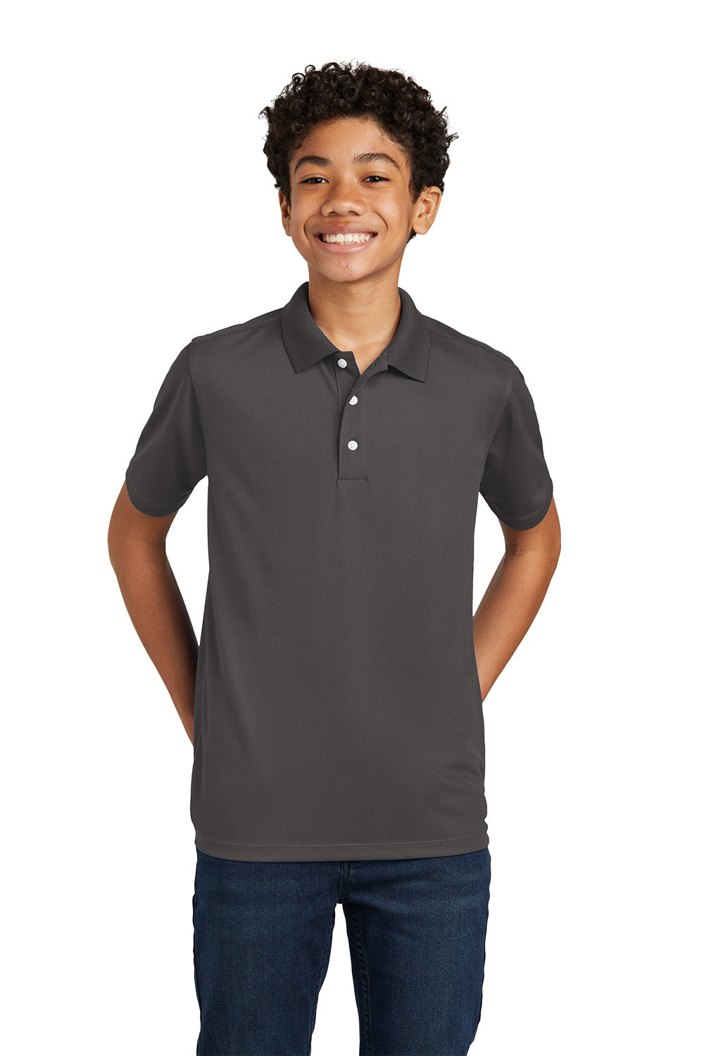 Sport-Tek YST740 youth UV performance school polo in Graphite – alternate model front view
