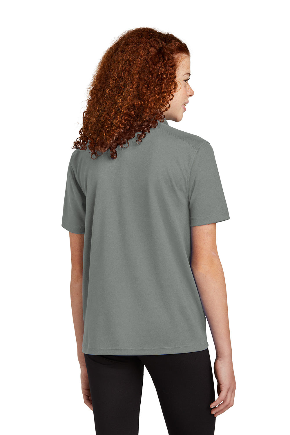 Sport-Tek YST740 youth UV performance school polo in Grey Concrete – model back view