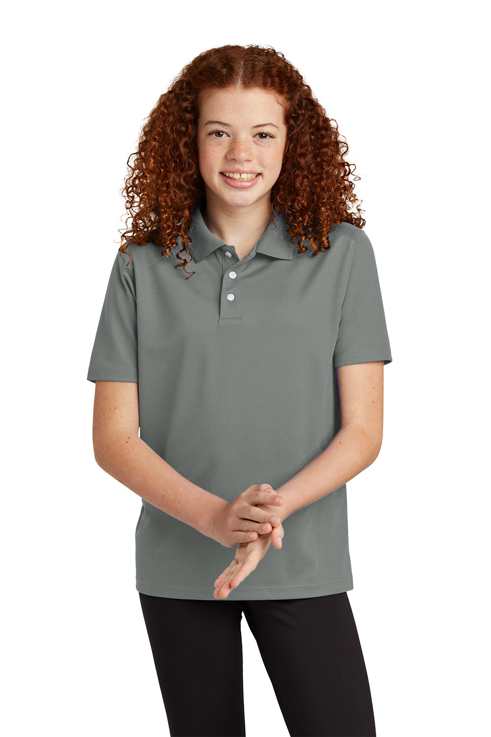 Sport-Tek YST740 youth UV performance school polo in Grey Concrete – model front view
