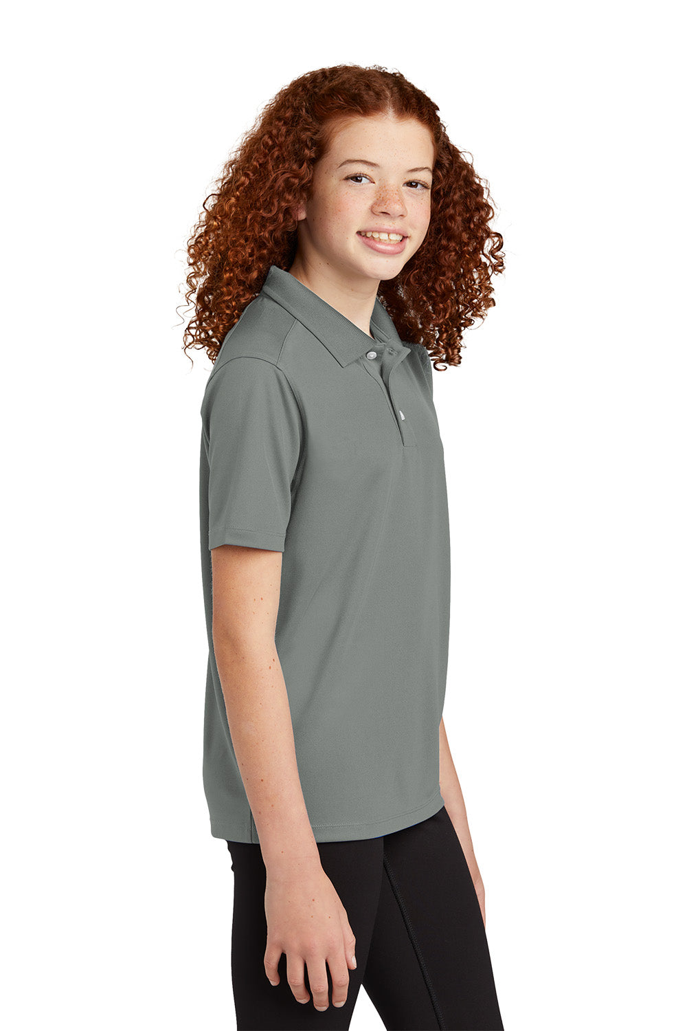 Sport-Tek YST740 youth UV performance school polo in Grey Concrete – model side view
