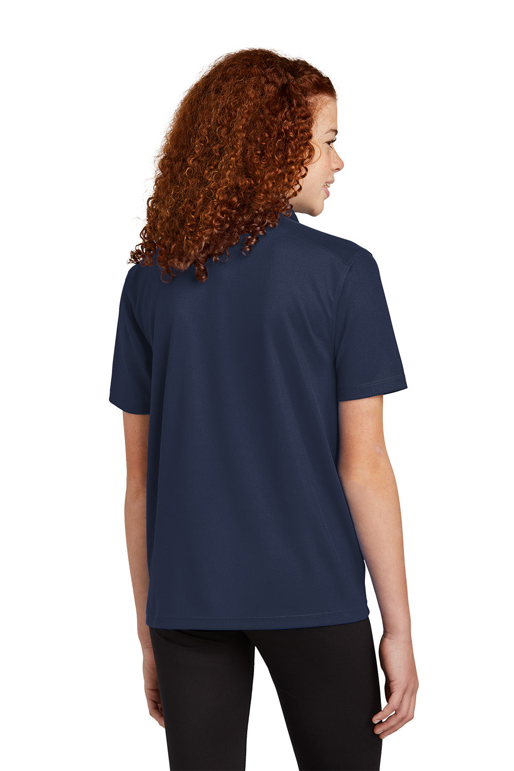 Sport-Tek YST740 youth UV performance school polo in True Navy – model back view