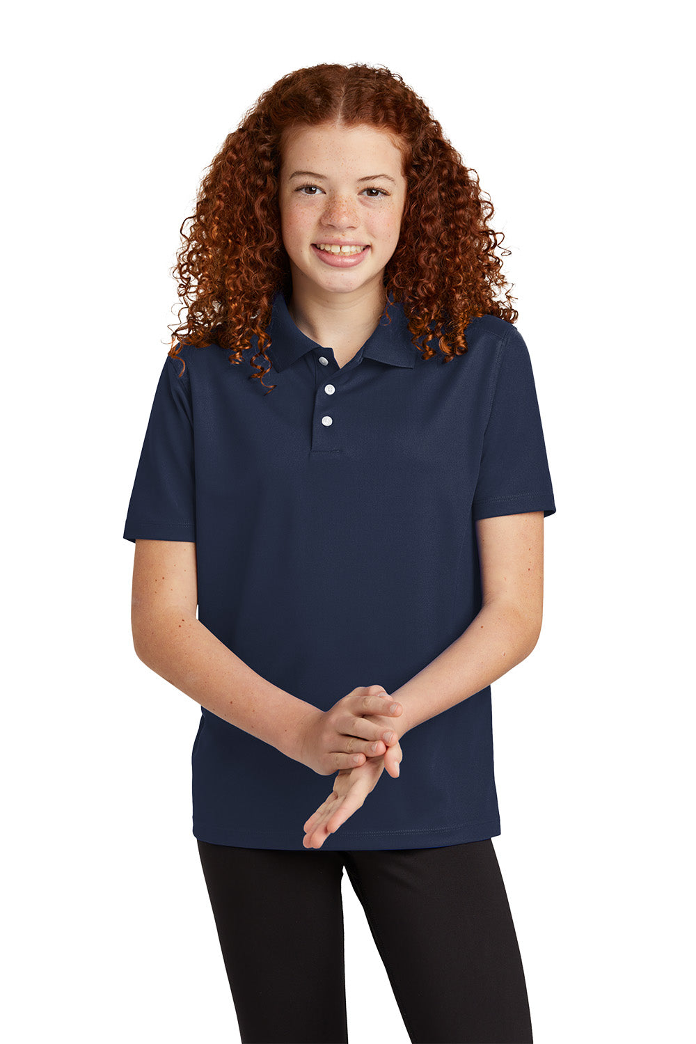 Sport-Tek YST740 youth UV performance school polo in True Navy – model front view