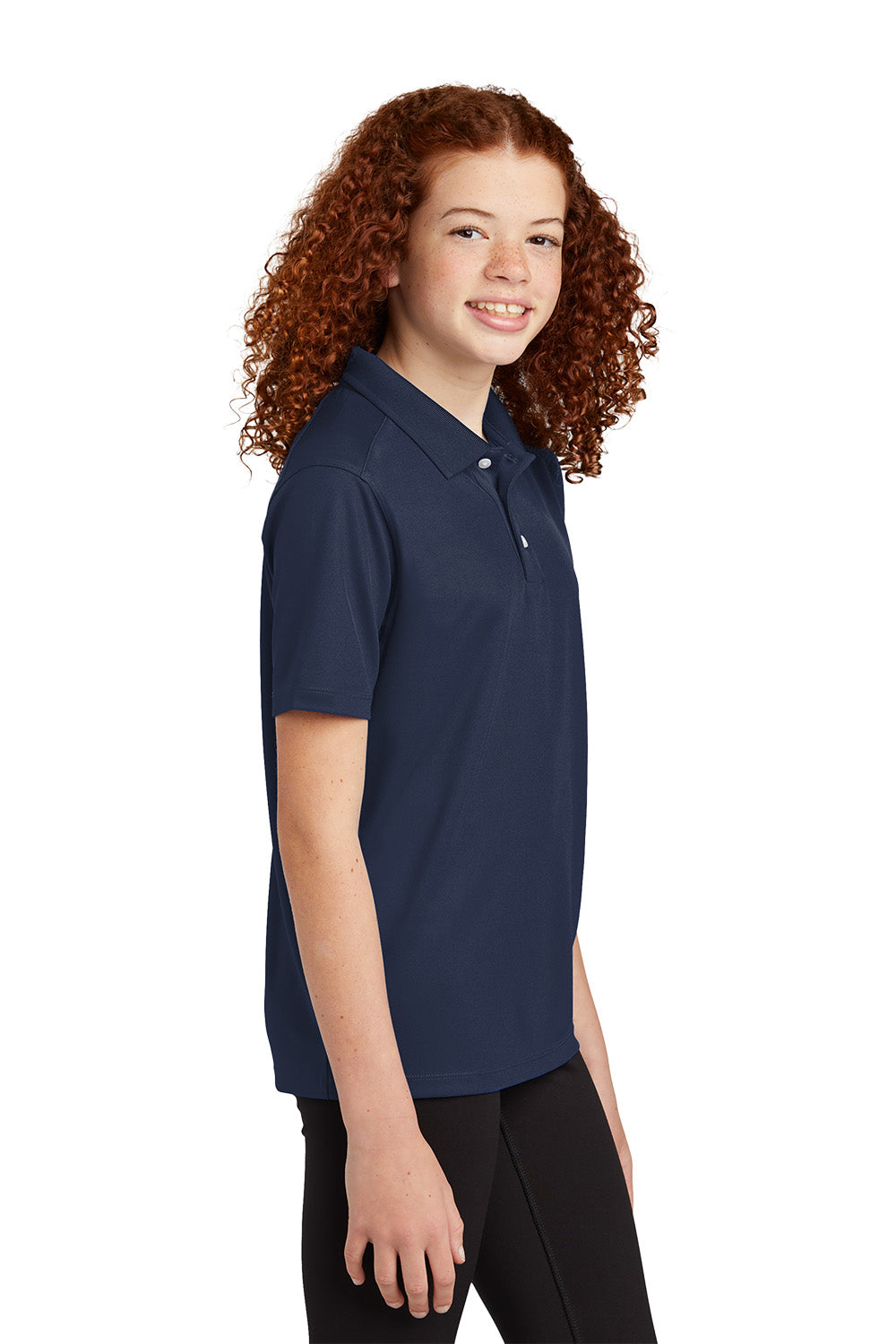 Sport-Tek YST740 youth UV performance school polo in True Navy – model side view