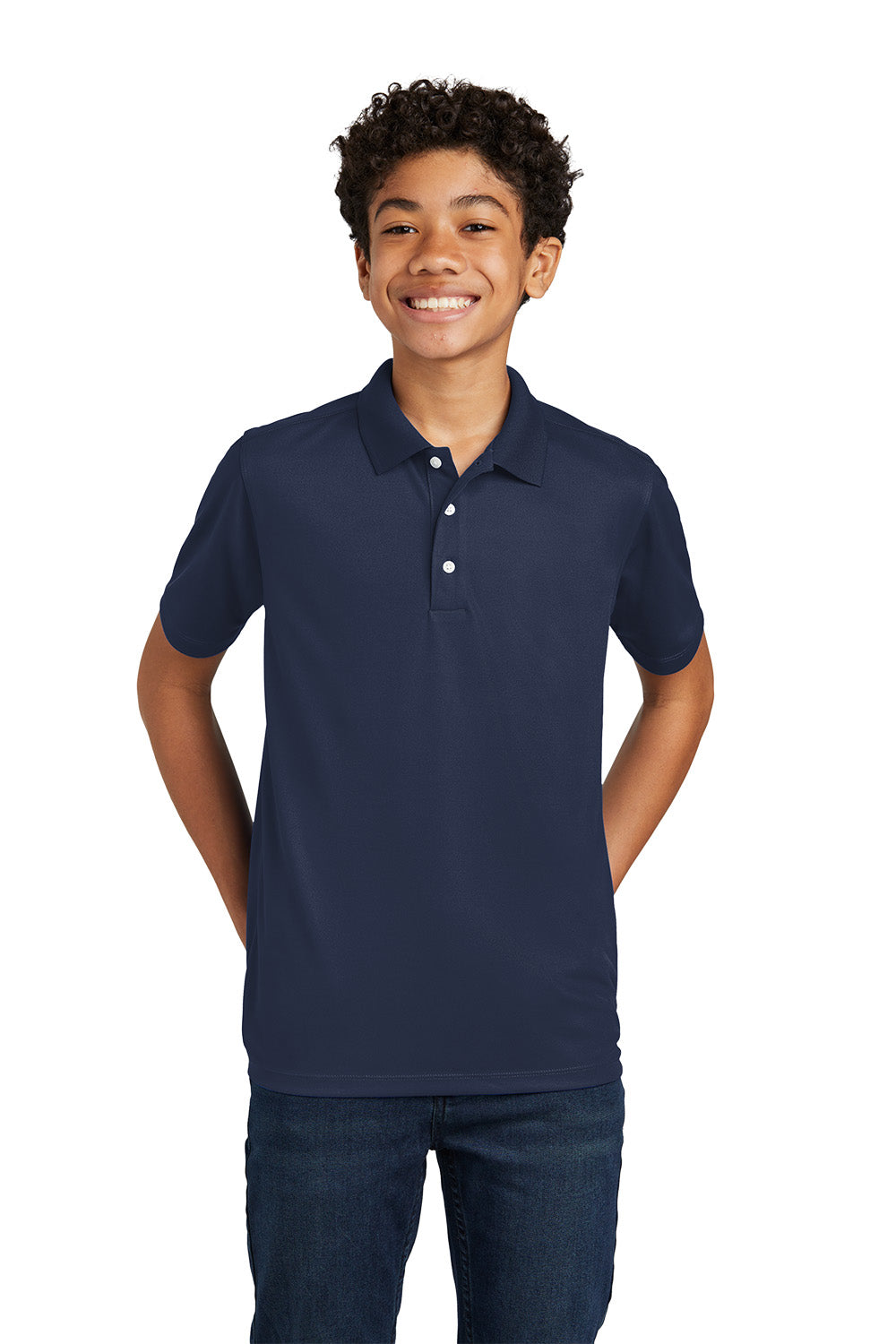 Sport-Tek YST740 youth UV performance school polo in True Navy – alternate model front view