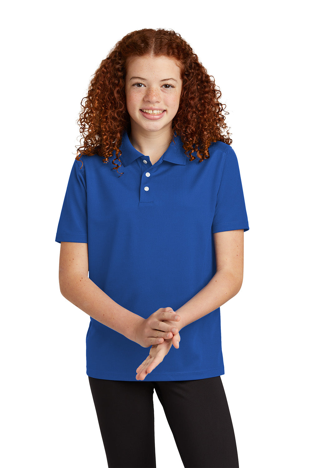 Sport-Tek YST740 youth UV performance school polo in True Royal – model front view