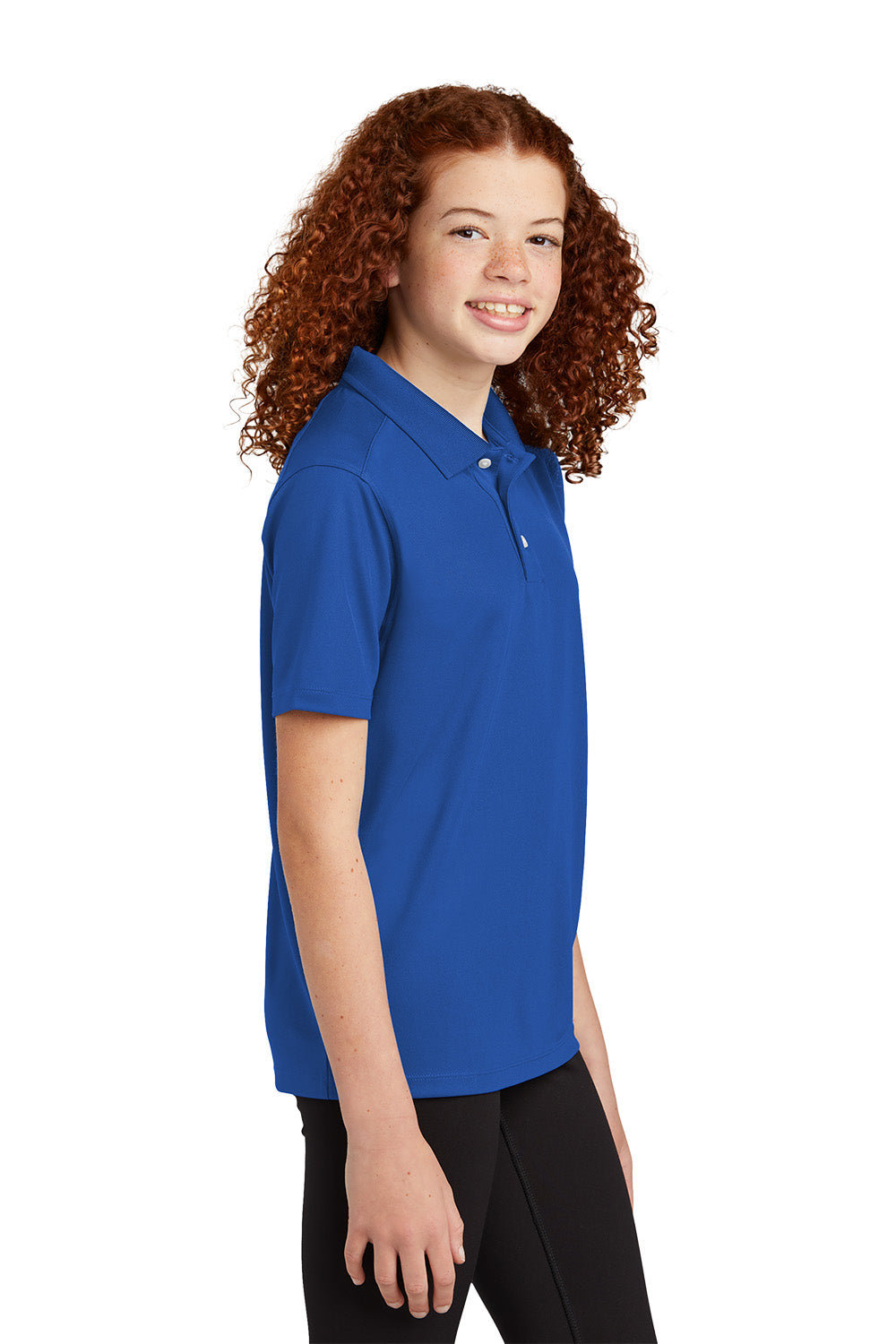 Sport-Tek YST740 youth UV performance school polo in True Royal – model side view