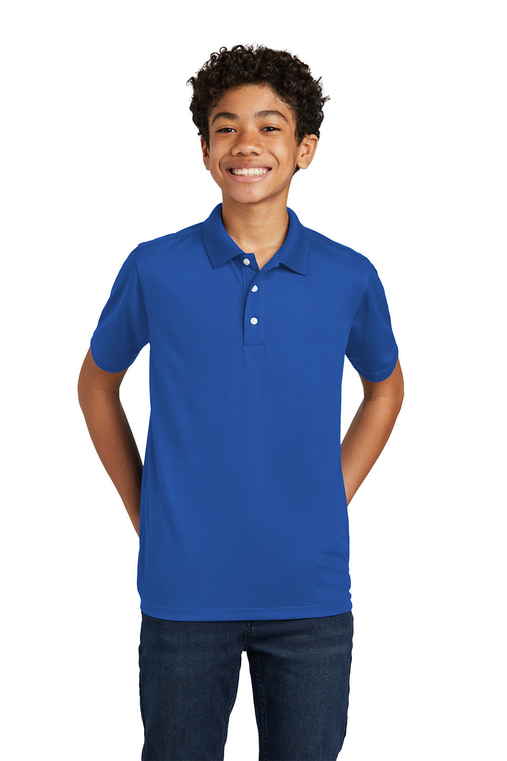 Sport-Tek YST740 youth UV performance school polo in True Royal – alternate model front view