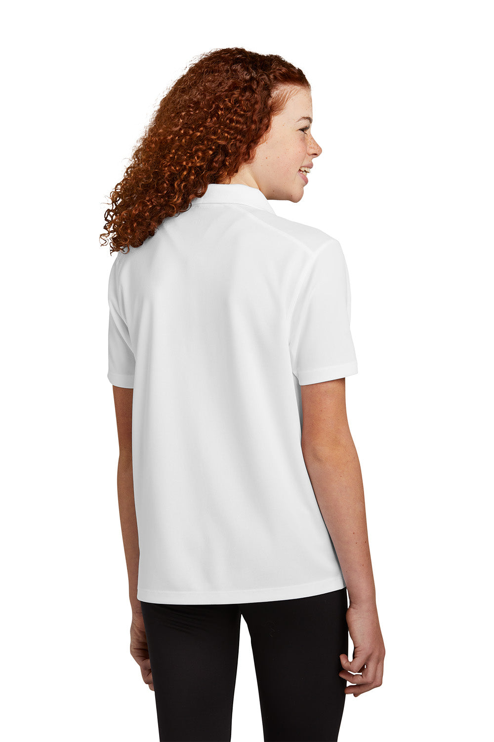 Sport-Tek YST740 youth UV performance school polo in White – model back view