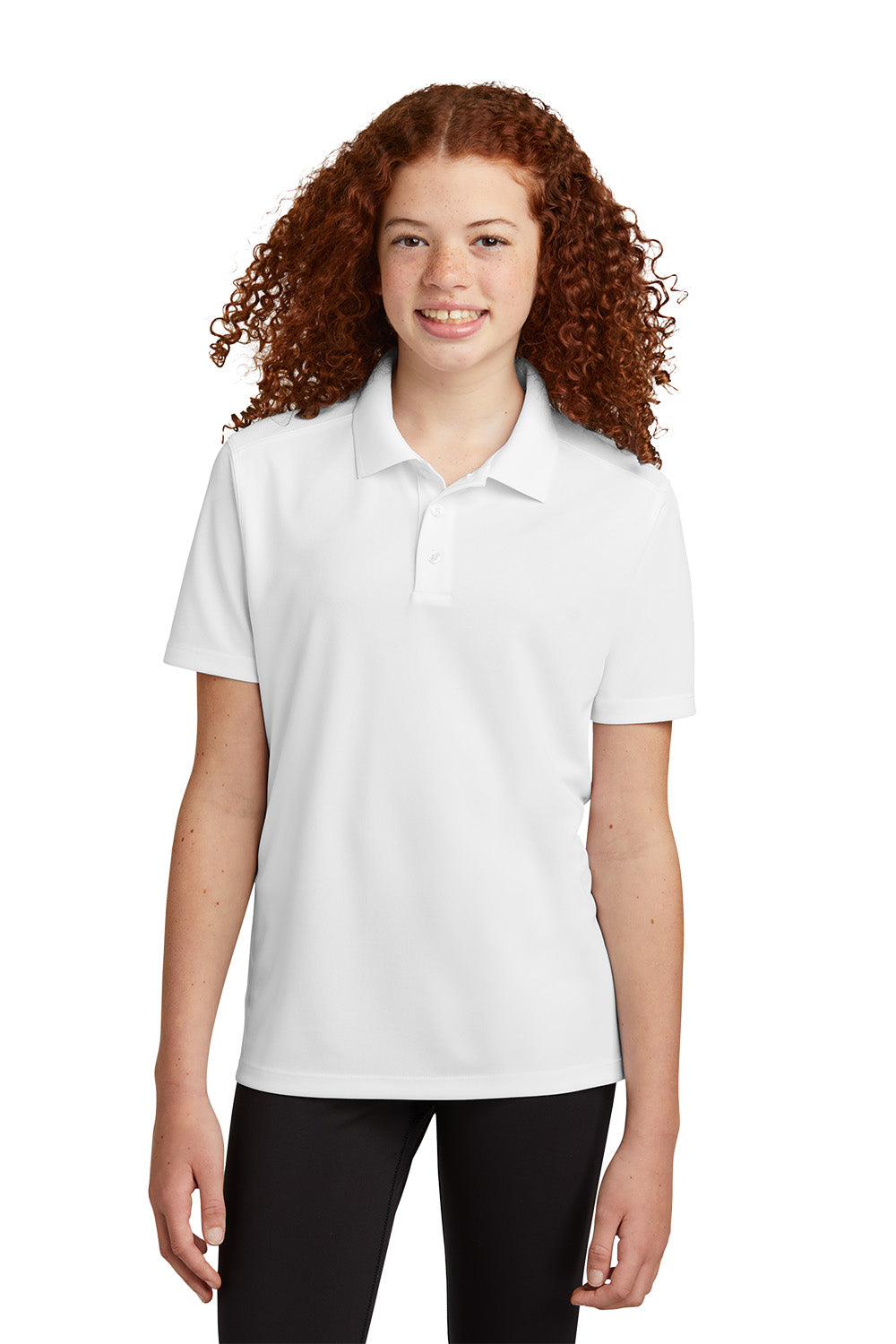 Sport-Tek YST740 youth UV performance school polo in White – model front view