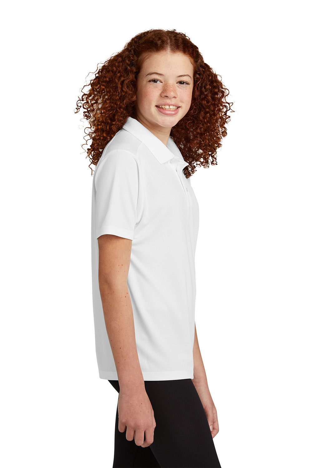 Sport-Tek YST740 youth UV performance school polo in White – model side view